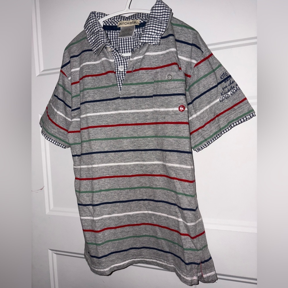 Striped Polo Shirt with Gingham Collar - Gray, Navy, Red, Green Size 12